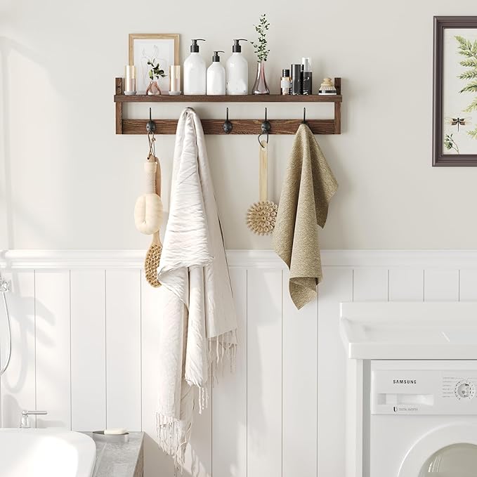 AMBIRD 28.9 Inch Length Shelf with Hooks Entryway Coat Rack Wall Mount Wood Coat Hooks with Shelf Wall-Mounted Coat Hook Rack with 5 Dual Hooks for Bathroom, Living Room, Bedroom (Brown) - Image 4