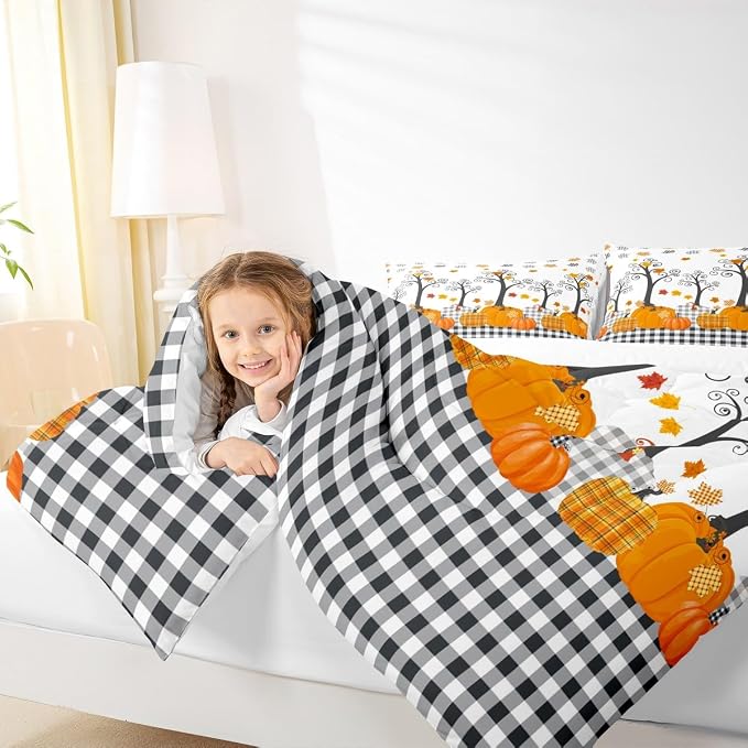 Fall Pumpkin Comforter Set Full Size,Kids Girls Home/Cottage Decor,Black White Plaid Halloween Bedding Set,Maple Trees Autumn Harvest Down Comforter,Rustic Farmhouse Duvet Insert,3pcs,2 Pillowcases - Image 3