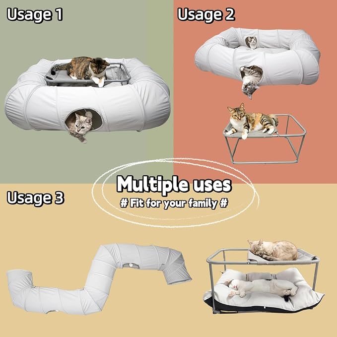 XxingSheep 2-Tier Cat Tunnel & Hammock Bed XXL, 4 Cave Shuttle with Elevated for Multiple Cats Toy Light Grey - Image 4
