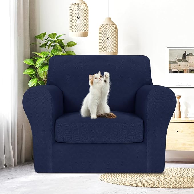 MAXIJIN 2 Piece Chair Covers Chair Slipcover with Arms, Sofa Chair Cover for Living Room Armchair Cover, Stretch Pet Dog Slip Cover for A Chair with 1 Cushion (31"-46", Navy Blue) - Image 3