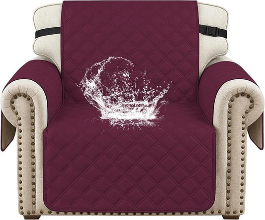 Waterproof Chair Covers for Living Room, Sofa Covers for Pets Washable with Side Pockets, Non Slip Couch Covers for Dogs, Quilted Dog Couch Cover with Elastic Straps (Armchair, Burgundy) by CYCMACOHOME