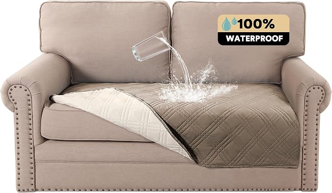 PrinceDeco Waterproof Sofa Bed Cover Washable，Thick Loveseat Couch Covers for 2 Cushion Couch Sofa Pet Friendly, Pet Couch Covers Furniture Protector for Dogs Cats ((Taupe,40x48 Inch) by PrinceDeco