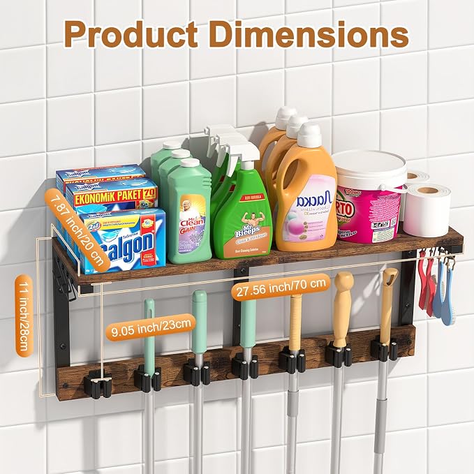 Housolution Wall Mount Broom Holder Laundry Room Storage Organizer Shelves | Thickened Metal Frame, 100 LBS High Load-Bearing, Large Capacity, Multifunctional with 7 Grippers & 8 Hooks - Image 7
