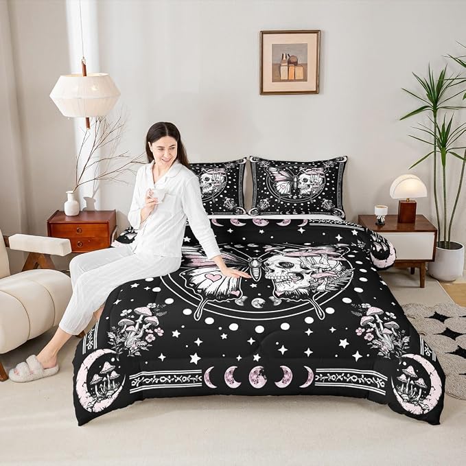 Gothic Skull Moth Comforter Sets Toddler Size,Boho Starry Moon Galaxy Bedding Comforter for Kids Girls Boys,Mushmoon Flowers Leaves Quilt Sets for Bedroom Decor,Duvet Insert,1 Pillowcase,Black Pink - Image 2