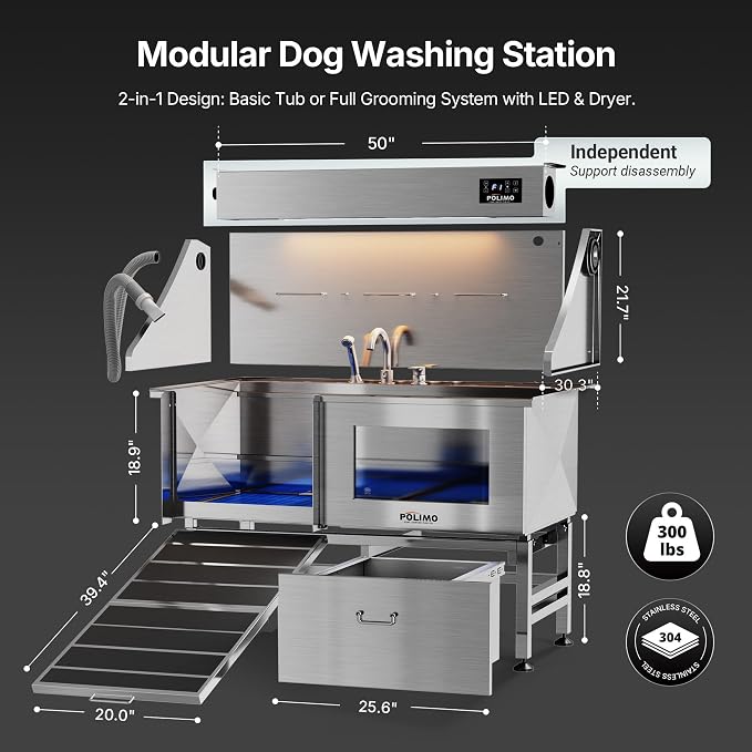 POLIMO Dog Washing Station with Built-in Pet Dryer and LED Display 50" (Left Ramp), 304 Stainless Steel Dog Bathtub for Large Medium Small Dogs, Wash and Dry Grooming Tub with Faucet, Storage Drawer - Image 4