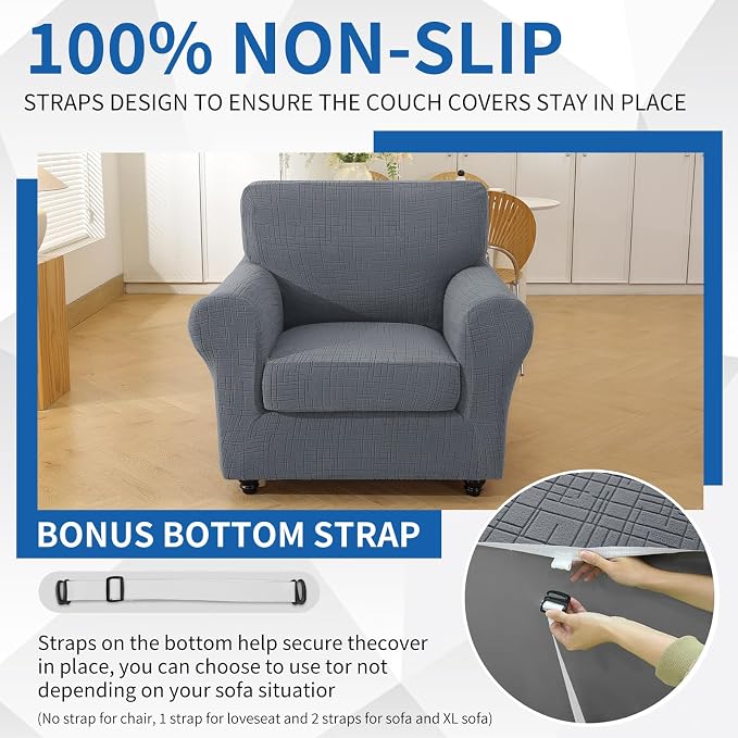 CYCMCAO Stretch 2 Piece Armchair Covers, Non Slip Chair Covers Armchair, Sofa Covers for Pets Washable with Elastic Bottom, Couch Slipcover for Kids, Dogs (Light Gray), 31"-46" (1 Cushion) - Image 7