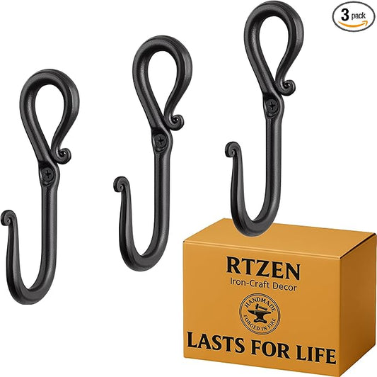 RTZEN Classic Farmhouse Wall Mount Multi-Use Wrought Iron Hook Set (3 Pack) | Decorative Rustic Metal Handcrafted Bathroom, Entreyway Home Decor Hooks Suitable for Coats, Towels, Robe or Hat Hanging by RTZEN