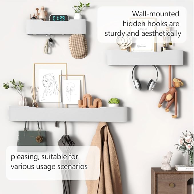 Coat Rack Wall Mount with Shelf 8 Hidden Hooks Modern Wooden Key Holder Entryway Organizer for Hallway Bedroom Bathroom Home Decor Storage for Hanging Coats Hats Bags Towels, White - Image 7