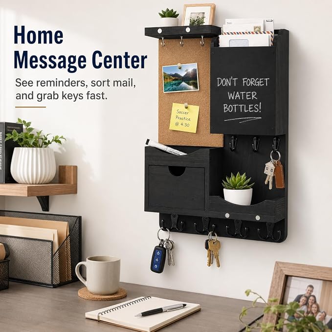 Key Holder Wall Mount, Mail Organizer Key Holder for Wall with Shelf, Drawer, Chalkboard, Corkboard, Home Decor Mounted for Room Entryway (Black) - Image 10