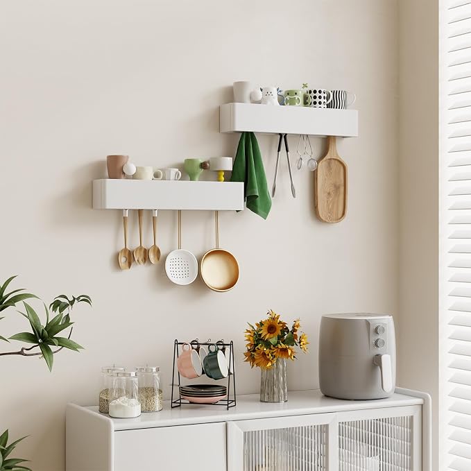 CycleCrew Solid Wood Wall Mounted Coat Rack with Shelf Hooks - Modern Floating Shelves with 5 Hidden Hooks, Heavy Duty Entryway Coat Key Holder Hanger for Hallway Bathroom Bedroom Home Decor - Image 8