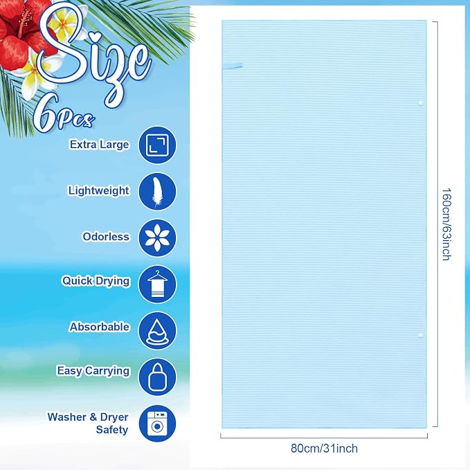 Peryiter 6 Pcs Oversized Microfiber Beach Towels Large Quick Dry Pool Towels Absorbent Camping Travel Blanket Set for Women Men Bath Beach(Micro Stripe,31 x 63 Inch,Light Blue) - Image 2