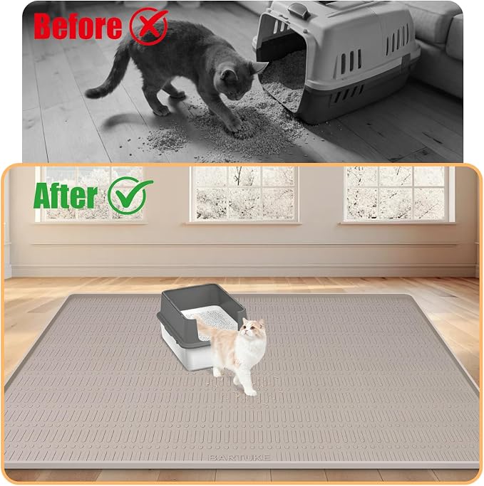 Silicone Cat Litter Mat 47" x 35" Cat Mat for Litter Box, Khaki | Extra Large Cat Litter Trapping Mat for Floor, Waterproof, Non-Slip Kitty Litter Box Mat with Raised Edge, Easy to Clean - Image 4