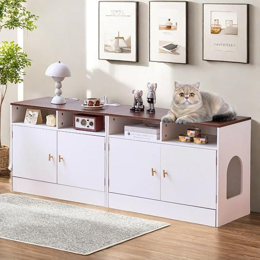 Cat Litter Box Enclosure for 2 Cats, TV Stand with Storage & Outlet, 63" Double Litter Box Enclosure Furniture, Wooden Enclosed Litter Box Cabinet, 63”L x 15.7”W x 23.6”H, White & Walnut by DesignedforYourHome