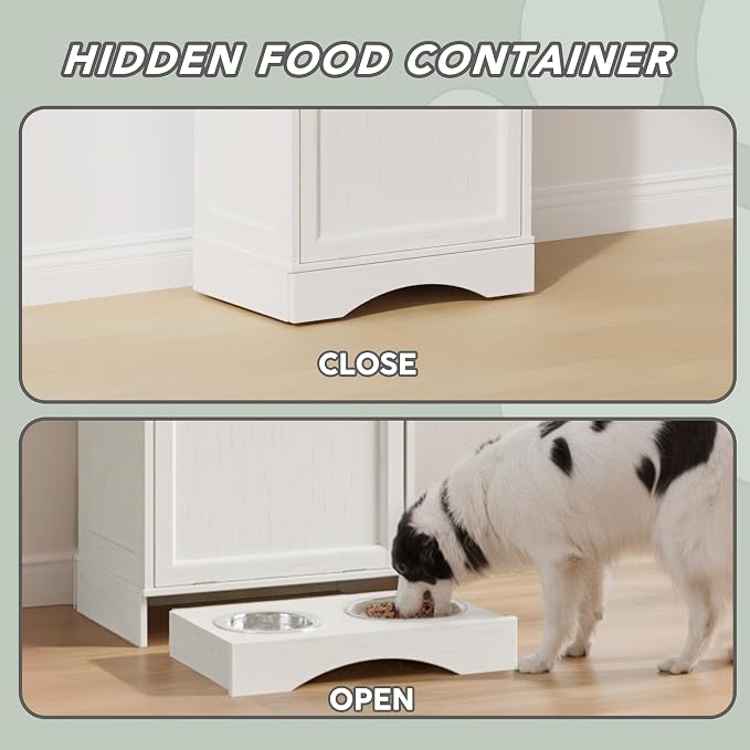 FIMELLO 21 ''WX 13''DX39''H Dog Feeding Station with 2 Feeding Bowls, Tilt-Out Dog Food Storage Cabinet with Drawer,Pet Feeder Cabinet,White Grain - Image 4
