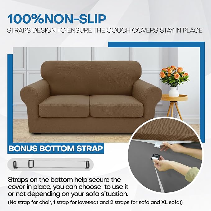 XINEAGE New 4 Pieces Couch Covers for 3 Cushion Couch Super Stretch Thick Soft Sofa Cover Anti Slip Sofa Slipcover Dogs Cats Furniture Protector (Brown, 71"-91") - Image 7