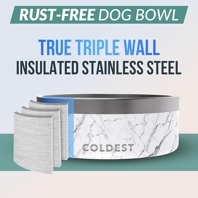 Coldest Dog Bowl - Anti Rust Metal, Non Slip, 3 Layers Insulated Stainless Steel Dog Bowls - Spill Proof & Heavy Duty - Water Bowl for Dogs, Cats & Pets, Dish Washer Safe (64 oz, Carrara Marble) - Image 3