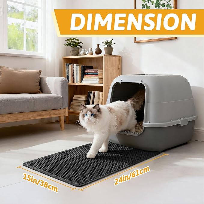 Pieviev Cat Litter Mat Double Layer Waterproof Urine Proof Trapping Mat 1 Pack (Black, 24x15 Inch (Pack of 1)) | Honeycomb Design Catches Scattered Particles to Stop Tracking, Urineproof Base Protects Floors, Easy to Clean - Image 2