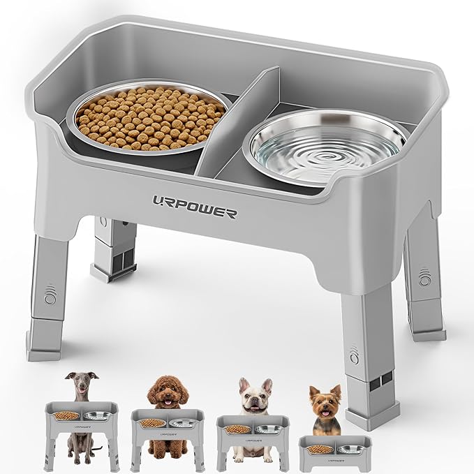 URPOWER Mess Proof Elevated Dog Bowls for Small Dogs with Splash Guard | 4 Height Adjustable Raised Stand with 2 Stainless Steel Food Bowls & Licking Plate for Small, Medium & Large Dogs by URPOWER