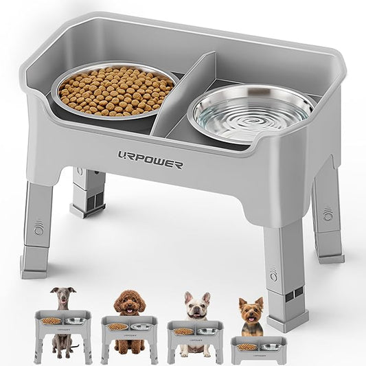 URPOWER Mess Proof Elevated Dog Bowls for Small Dogs with Splash Guard | 4 Height Adjustable Raised Stand with 2 Stainless Steel Food Bowls & Licking Plate for Small, Medium & Large Dogs by URPOWER