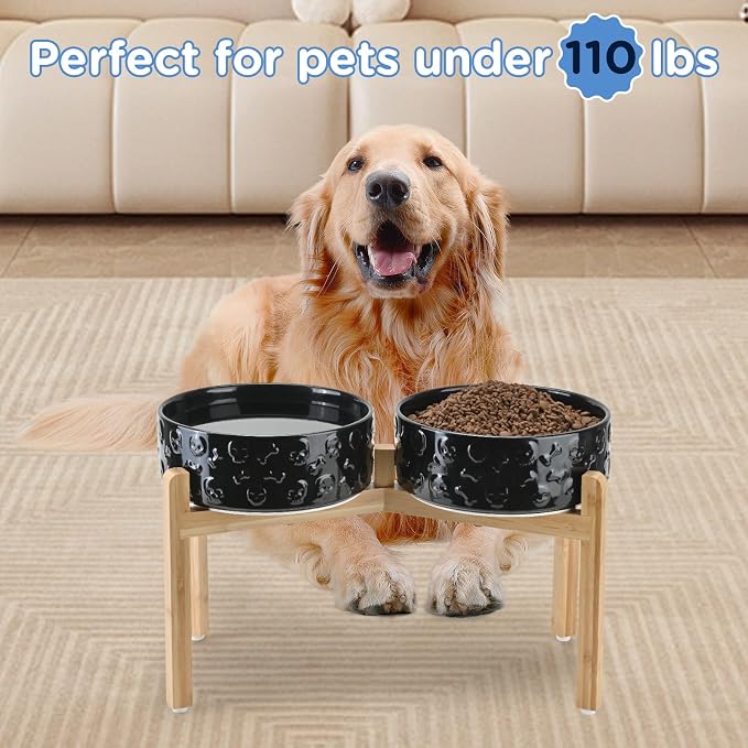 SPUNKYJUNKY Elevated Dog Bowls Ceramic, 8.3'' Dogs Food Water Bowls Raised with Non-Slip Bamboo Stand for Large Sized Breed Microwave Dishwasher Safe - 60 OZ,Skull Black - Image 7
