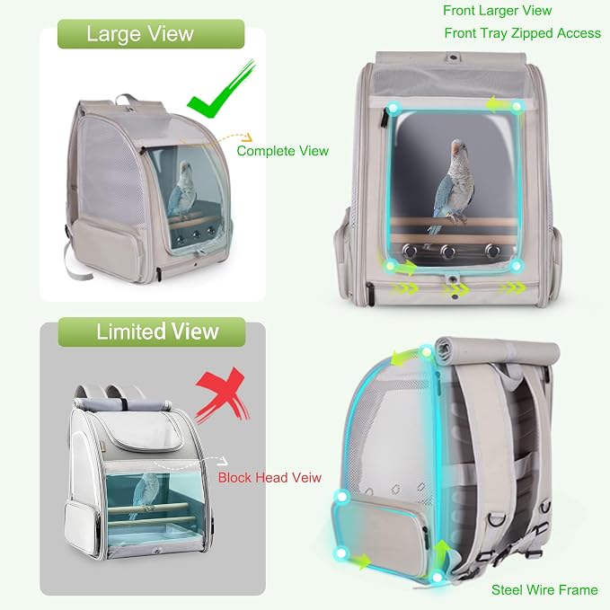 Bird Backpack Carrier with Front Zipper Opening, Portable Bird Travel Carrier Cage with 2 Standing Perches and Metal Tray, Breathable Transport Bag for Parakeet, Budgie, Conure, Cockatiel, Parrot - Image 4