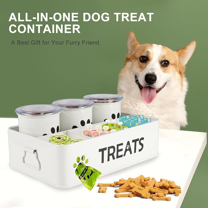 28oz Metal Dog Treat Container Set of 3,Dog Treat Jars with Airtight Lids,Cat Treat Jar,Dog Treat Canister for Countertop,Coated Galvanized Steel Dog Treats Station-White - Image 2