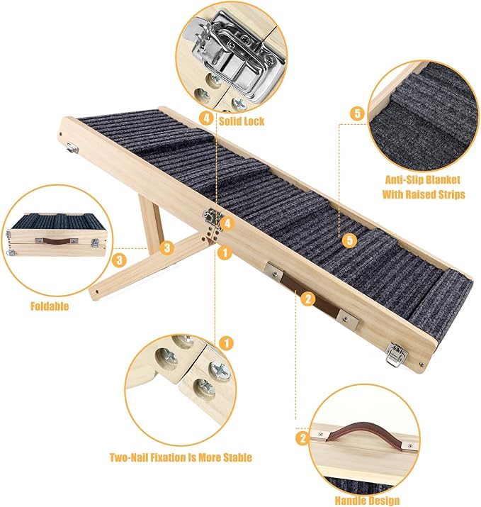 Adjustable Dog Ramp, Portable Folding Pet Ramp, 32" Long Wooden Pet Ramp for Bed with Non-Slip Traction Mat for Small Dogs, Dog Climbing Ladder for Sofa, Bed, Couch,Car(LGPT1,Gray)