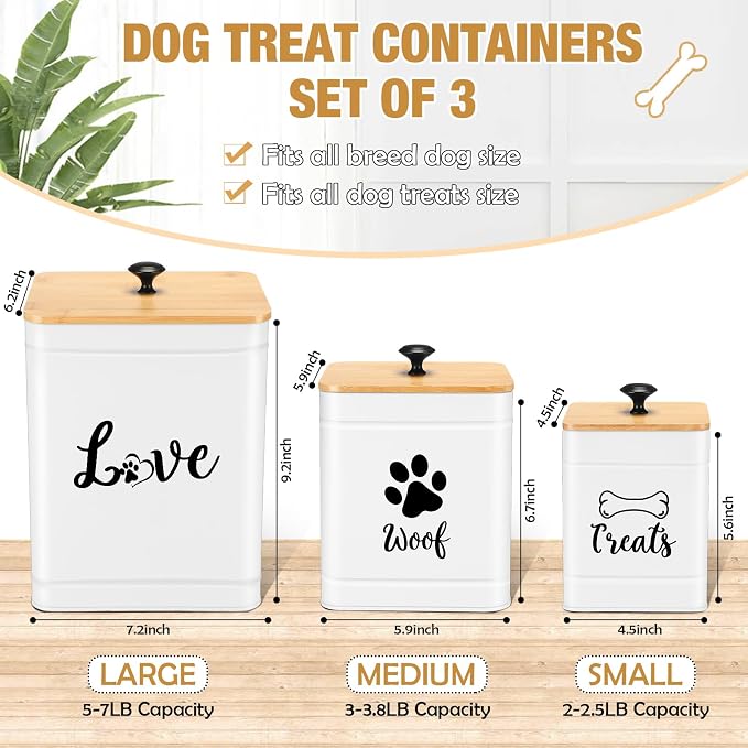 Jingmore Metal Dog Treat Containers Set of 3 with Bamboo Lids and Spoon Airtight 7+3+2 lbs Dog Food Snack Jars with DIY Labels Big Pet Cookie Storage Jar for Kitchen Counter(White,Modern) - Image 2