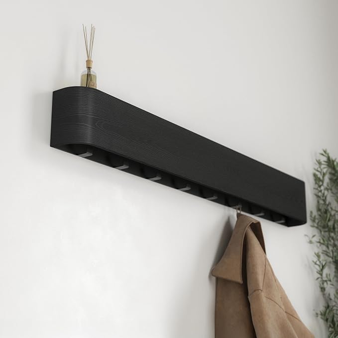 Kazai. Wall-Mounted Coat Rack 'Toke' - Modern Design Coat Rack with Hidden Wall Hooks - Solid Wood Veneer Panel Coat Hanger - Oak, Black - Image 7