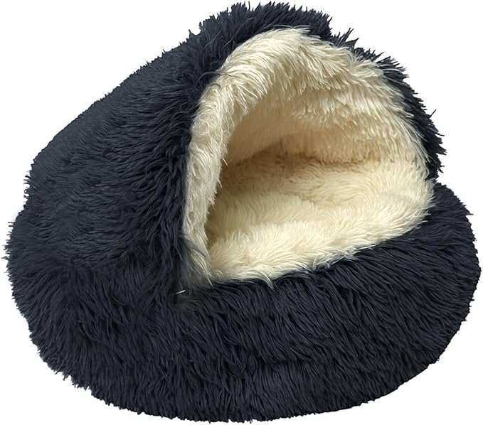 ShinHye Cat Bed Round Plush Fluffy Hooded Cat Bed Cave, Cozy for Indoor Cats or Small Dog beds, Soothing Pet Beds Doughnut Calm Anti-nxiety Dog Bed - Waterproof Bottom Washable (20×20inch, Dark Grey) by ShinHye