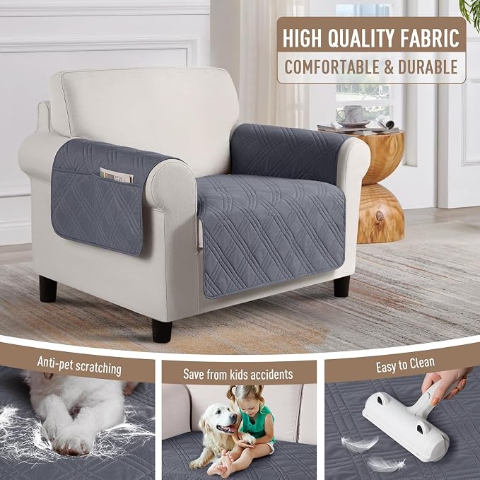 TAOCOCO Waterproof Chair Covers for Pets Dogs with Non Slip Backing, Chair Seat Covers with Side Pocket for 1 Seater Couch Washable Dog Couch Cover Protector Sofa Slipcovers(Chair, Dark Grey) - Image 4