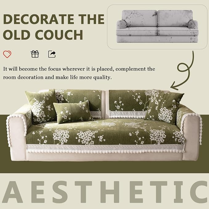 DREAMINGO Green Floral Couch Cover Vintage Jacquard Pet Sofa Cover Non Slip Chenille Couch Protector Living Room Washable Sectional Furniture Slipcovers for 3 Seat Sofa, 35.4"x82.7" - Image 5