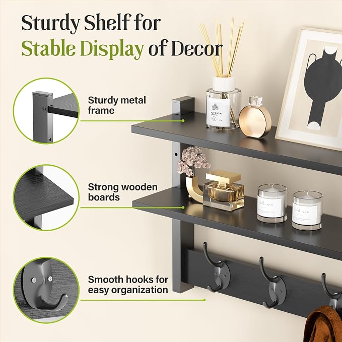 Two-Tier Wall Shelf with Hooks, 17" Coat Rack Wall Mount with Shelf, Entryway Key Hooks for Wall with Heavy Duty Double Hooks, Coat Hook Wall Mounted for Bedroom, Living Room, Black - Image 3
