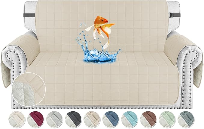 MAXIJIN Waterproof Love Seat Couch Covers 2 Cushion Sofa, 49" Quilted Loveseat Cover Slipcovers for Pets Dog Couch Cover Protector with Elastic Strap & Side Pocket (Loveseat, Beige) by MAXIJIN