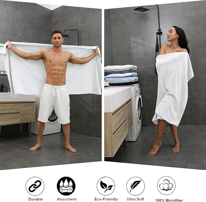 Smuge 8pcs Bath Towel Set, 2 Extra Large Bath Towel Sheets, 2 Hand Towels and 4 Washcloths- Highly Absorbent Microfiber,Ultra Soft Towel Set for Bathroom,Waffle Weave Design, Pack of 8 (White) - Image 5