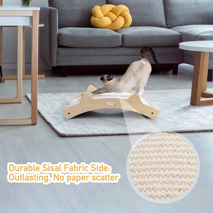 Pecute Double-Sided Sisal Cat Scratcher for Indoor Cats, Durable Sisal | Natural Sisal & Carpet Cloth, Durable Solid Wooden Structure Scratch Pad, Cat Scratcher & Lounge Bed 2 in 1, 16.5 x 10.8in - Image 4
