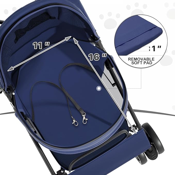 MoNiBloom 4 Wheels Pet Stroller, Easy-Fold Puppy Cage Jogger Stroller with Sun Cover, Pad and Rear Storage Bag, Breathable and Visible Mesh for Small/Medium Pets up to 22 lbs, Navy Blue