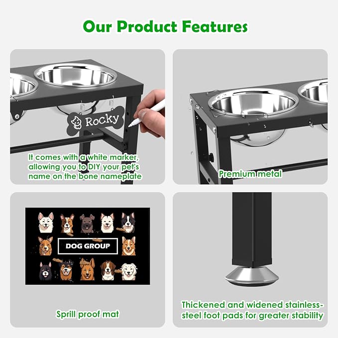 SHAINFUN Metal Elevated Dog Bowls Stand for Large Dogs with Mat & Three 58oz Food Water Bowls, Adjustable Height Raised Dog Bowl Stand - Image 5