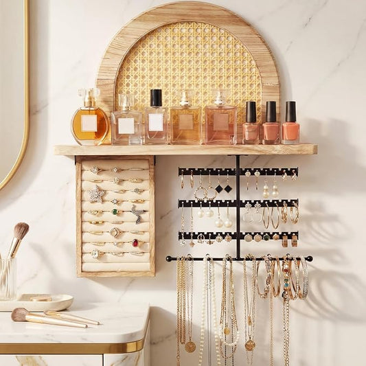 AceOrbit Hanging Jewelry Organizer Wall Mounted with Rustic Wood Rattan Shelf Wooden Ring Display Box Large Boho Jewelry Holder for Necklaces Bracelet Earrings Rings Storage by Unknown