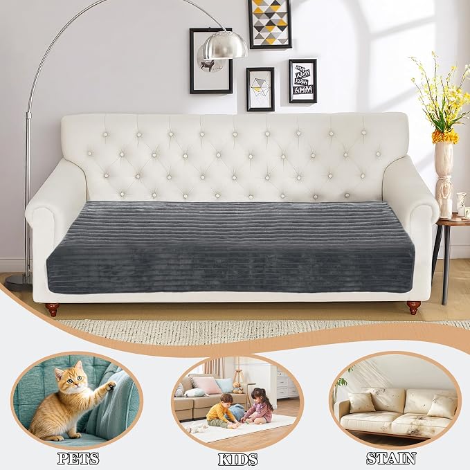 NAISI Couch Covers for Dogs Waterproof Flannel Striped Sofa Cover Pet Friendly Washable Dog Mat for Couch Anti Slip Sectional Sofa Slipcover Protector(1pc/35"x 63",Dark Grey) - Image 2