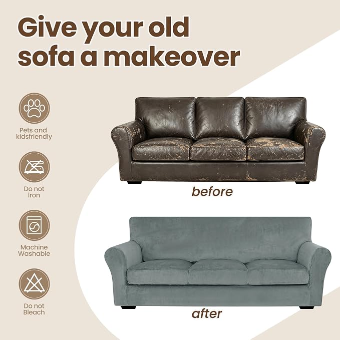 XINEAGE 4-Piece Velvet Sofa Cover,Couch Covers for Dog,Light Gray | 3 Cushion Sofa,Stretch Non-slip Elastic, Pet-friendly, Washable, Fast Setup, Soft Plush Fabric, Furniture Protector. - Image 8