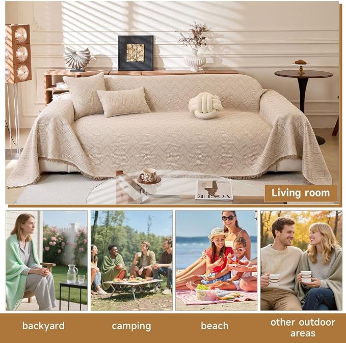 ROOMLIFE Boho Khaki Couch Covers for 3 Cushion Sofa, Couch Cover Sectional Sofa Cover for Dog, Washable Furniture Sofa Protector Cover Soft Blanket with Tassel for Living Room, 71''X150'' - Image 6