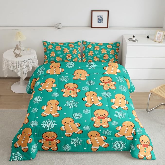 Erosebridal Christmas Gingerbread Full Bedding Set 7 Piece,Cute Gingerbread Man Bed in A Bag for Kids,Xmas Snowflake Comforter Set Kawaii Xmas Sheet Set with Comforter,Green Christmas Decoration - Image 2