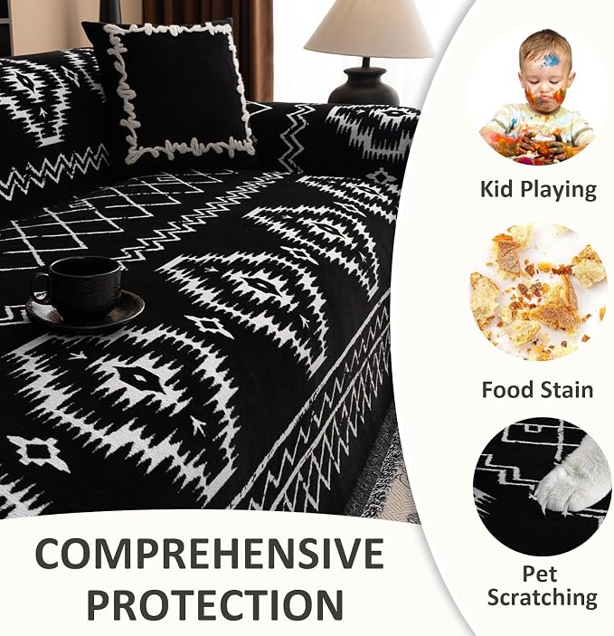 VClife Boho Couch Cover Chenille Sofa Cover for Sectional Sofa, Non Slip Couch Covers for 2 Seater Sofa Pet Friendly Sofa Protector with Tassel, Tribal Pattern Couch Slipcover, Black, 71"X118" - Image 4