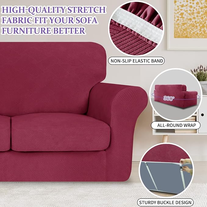 ZNSAYOTX 3 Piece Stretch Sofa Covers (71"-91") for 2 XL Cushion Couch, Thick Striped Sofa Cover with Elastic Band Bottom Ties Non-Slip Stay in Place, Soft Durable Couch Slipcovers, Wine Red - Image 5