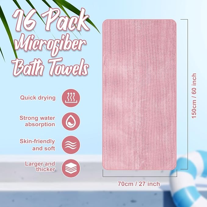 SmoothNovelty 16 Pack Microfiber Bath Towels Bulk 27'' x 60'' Oversized Size Bath Towel Highly Absorbent Extra Large Soft Drying for Beach Shower Summer Salon Sport Gym Party (Pinstripe,Pink) - Image 2