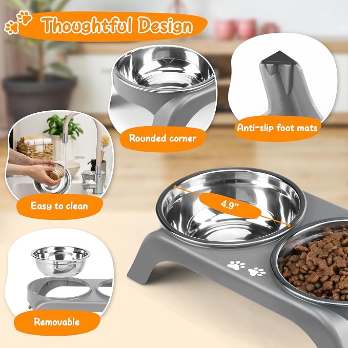 Elevated Dog Bowls for Small Dogs, 3” High Raised Dog Bowl Stand with Dual 5” Stainless Steel Bowls Non-Slip Pet Feeder for Puppy and Cats, Dishwasher Safe, Grey - Image 2