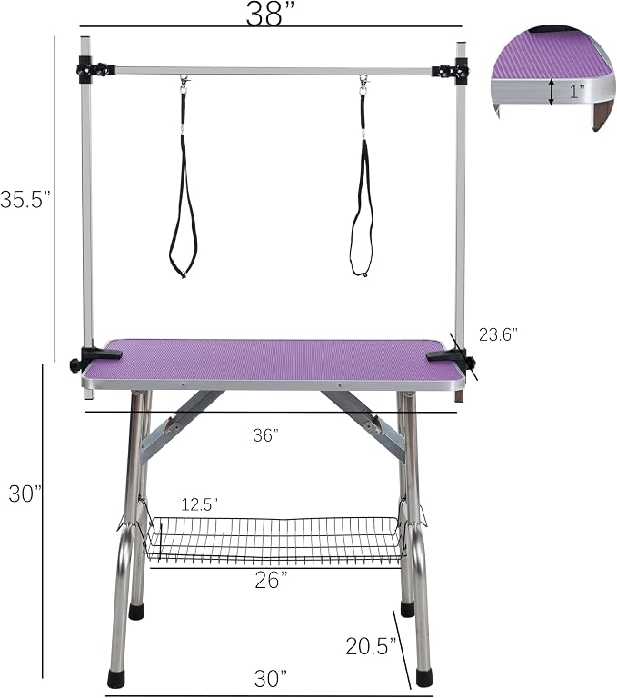 36" Dog Grooming Table Foldable Pet Grooming Tables with Adjustable Arm Noose Storage Mesh Tray Maximum Capacity Up to 330lbs Purple - Image 2