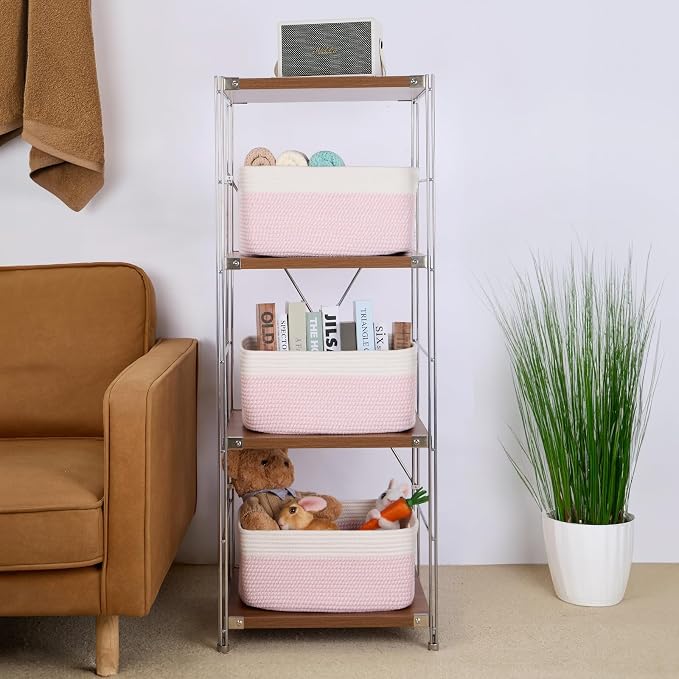 MiniArk Large Storage Baskets for Organizing, 17 x 13 x 7.5” Closet Shelf Baskets for Clothes Blanket Towels, Baby Nursery, Toy Bins Box, Woven Rope Baskets, 4 Packs Woven Pink - Image 4
