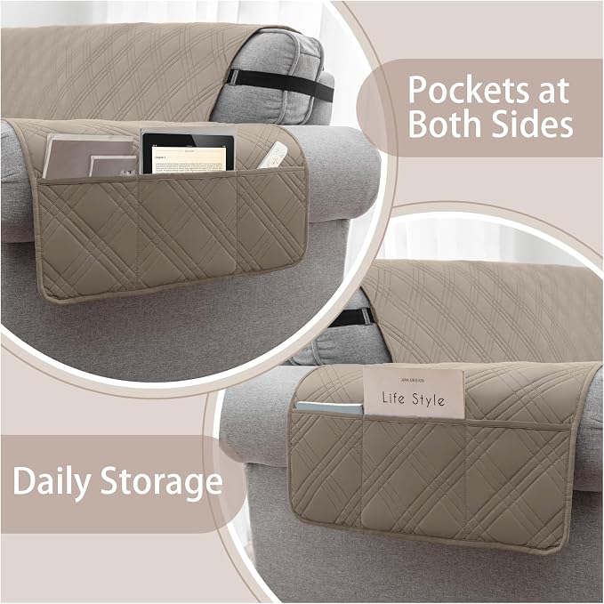 100% Waterproof Couch Cover for Dogs, Anti-Slip Washable Sofa Cover with Elastic Straps & Side Pockets, Durable Furniture Protector for Kids, Pets & Dogs (Armchair 23", Camel) - Image 3